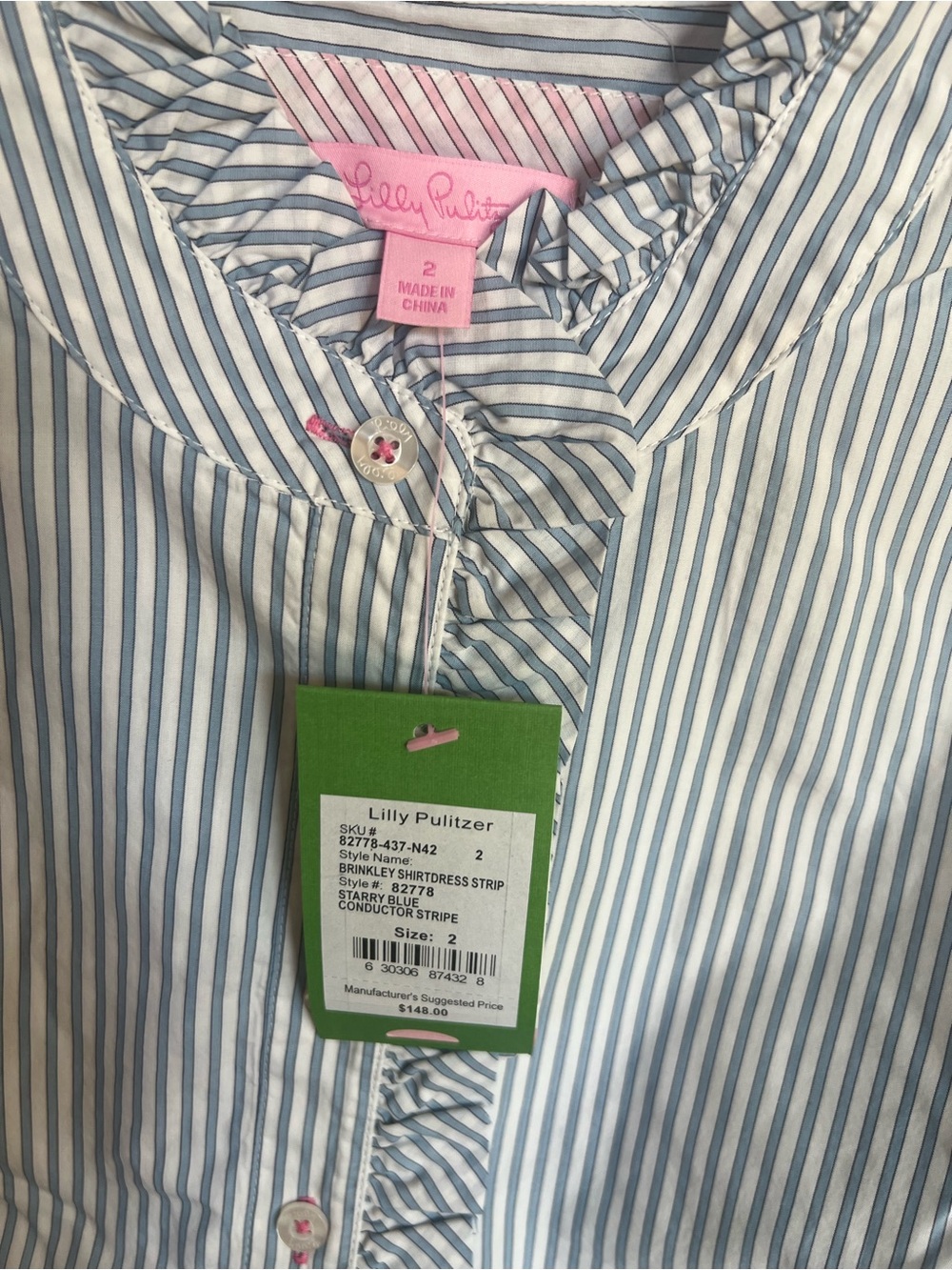 Lilly Pulitzer Brinkley Shirtdress Conductor Stripe pattern. Starry blue Sz2 NWT - Picture 6 of 11